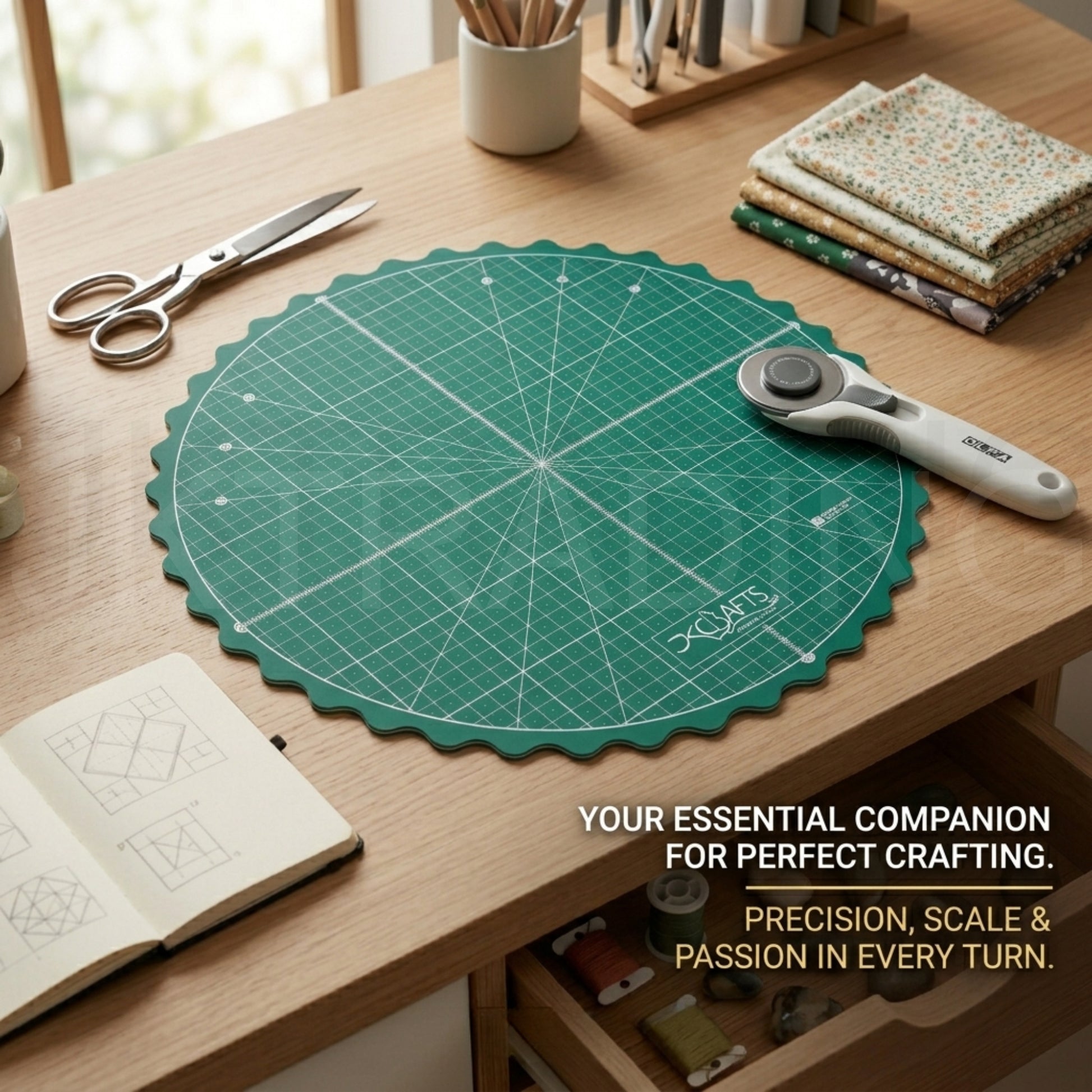 35cm Round Rotating Cutting Mat in use on a Wooden Craft Desk