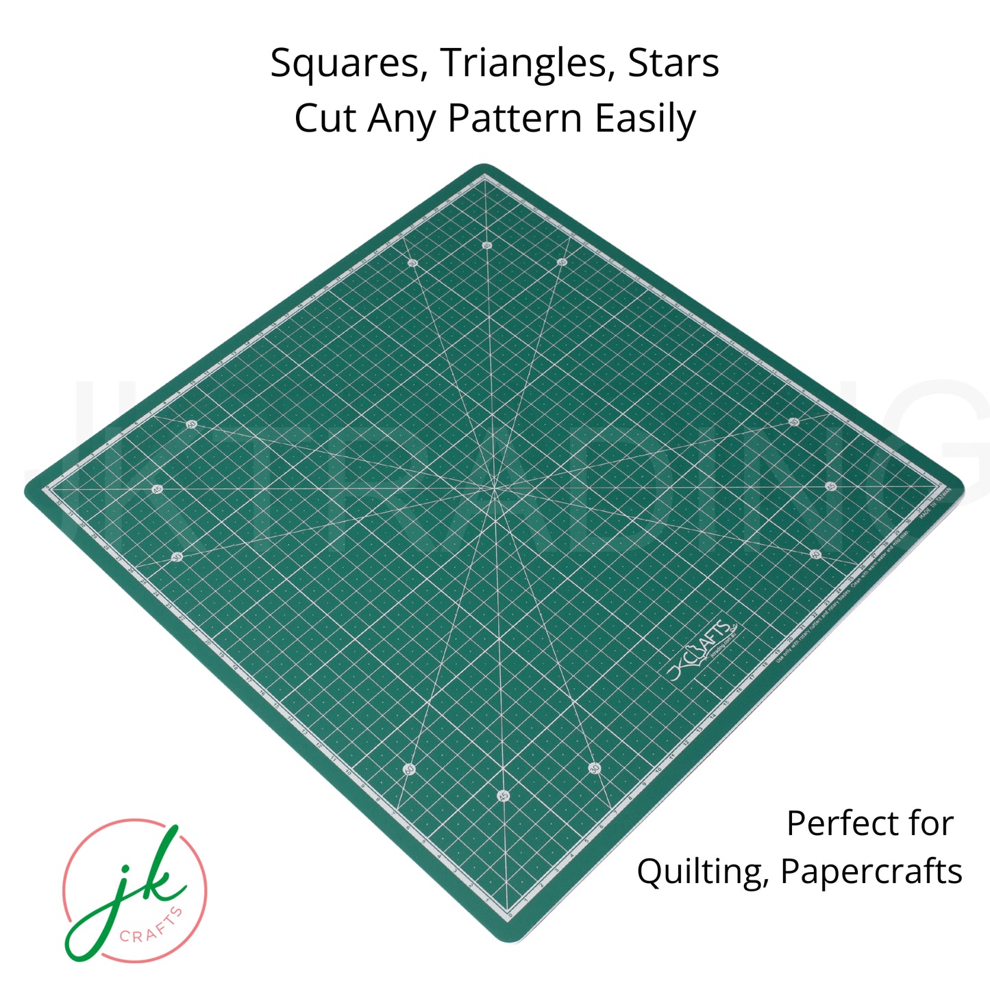 Green cutting mat with grid lines and measurements on a white background, featuring the brand 'jk crafts'.