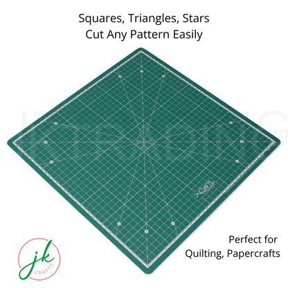 Green cutting mat with grid lines and measurements on a white background, featuring the brand 'jk crafts'.