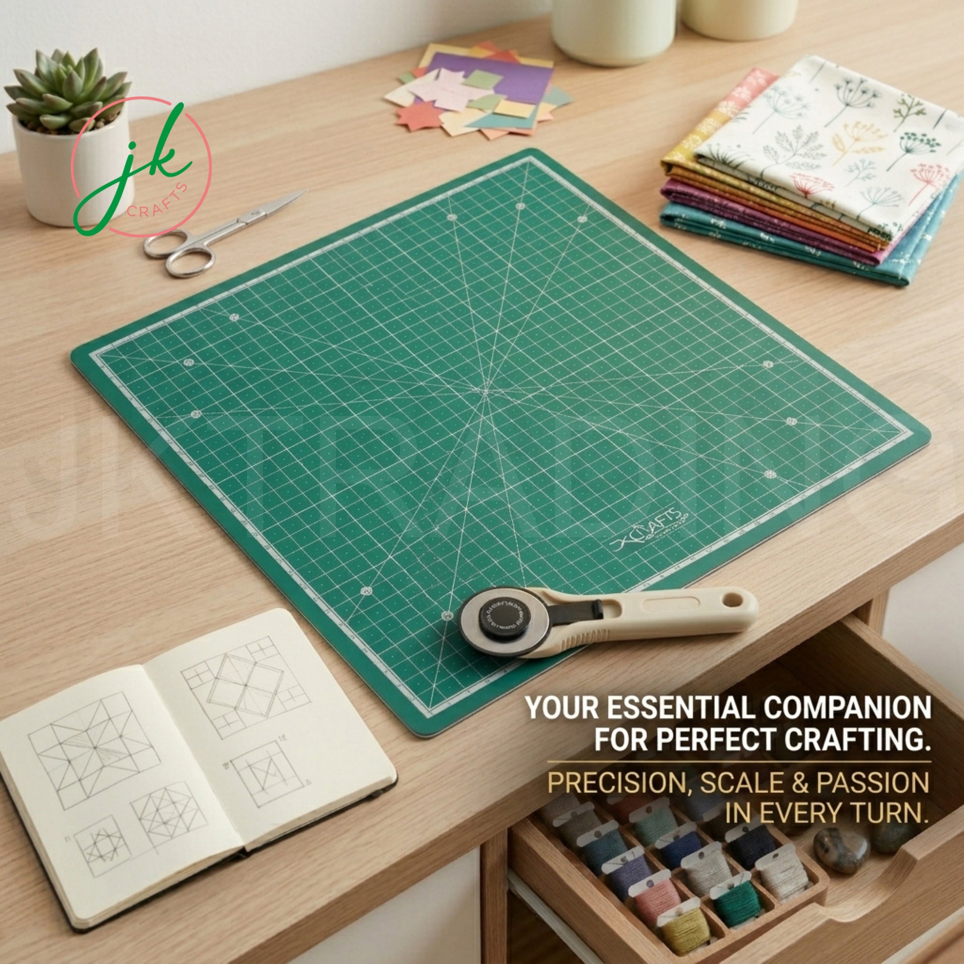 35cm Square Rotating Cutting Mat with Fabric on Crafting Table