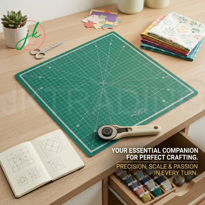35cm Square Rotating Cutting Mat with Fabric on Crafting Table