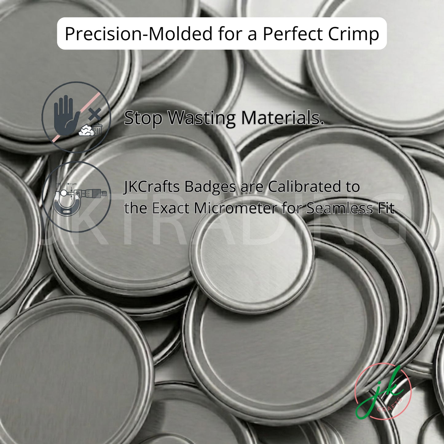 Close-up of precision-molded metal back shells for clean crimping on button magnet badge makers.