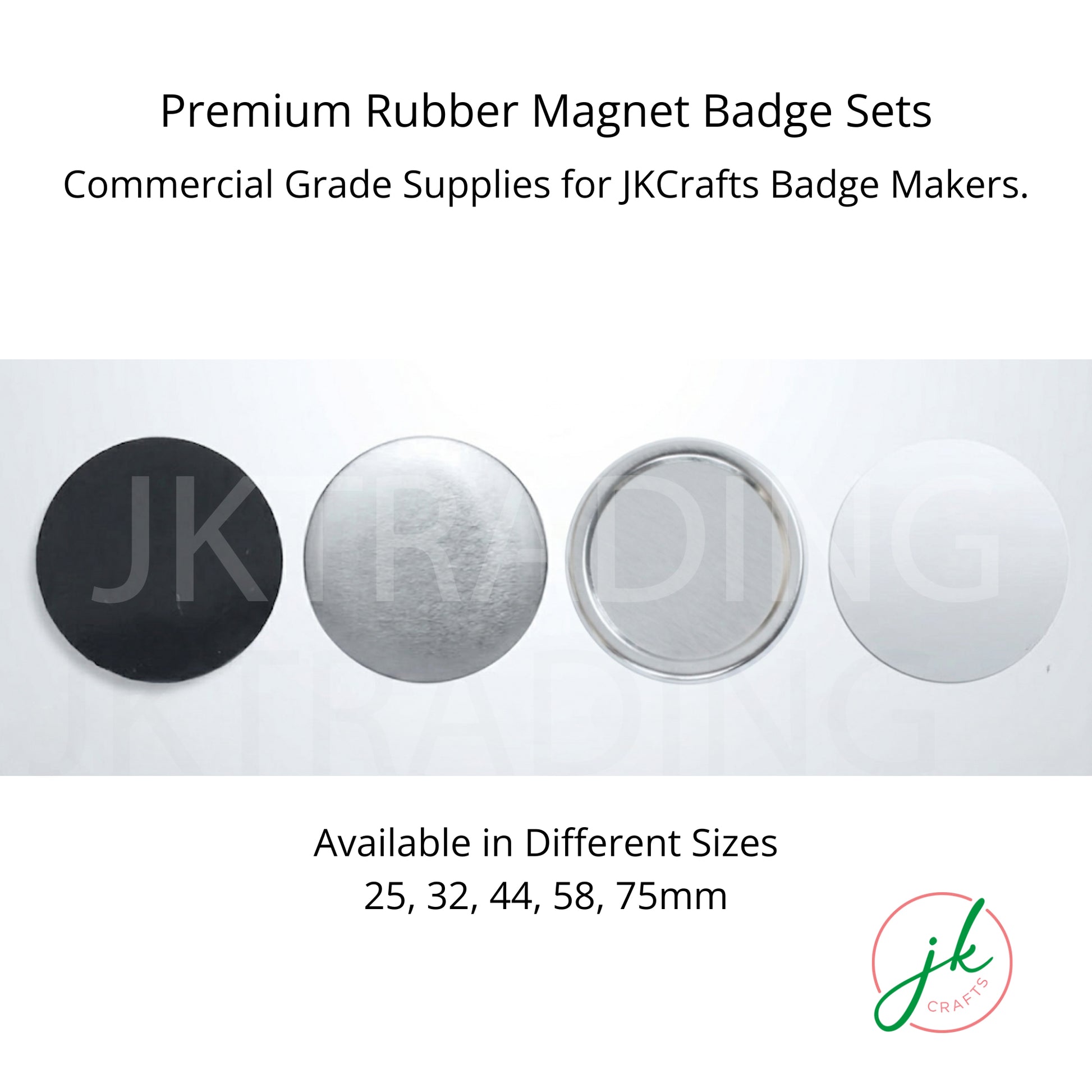JKCrafts blank rubber magnet badge sets available in different sizes including 25mm, 32mm, 44mm, 58mm, and 75mm.