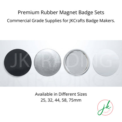 JKCrafts blank rubber magnet badge sets available in different sizes including 25mm, 32mm, 44mm, 58mm, and 75mm.