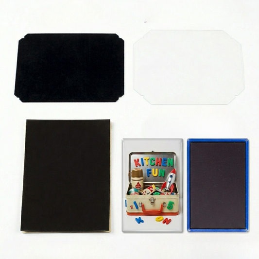 DIY 65x90mm rectangle rubber magnet badge kit components with metal shells, mylar film, and finished sample magnet.