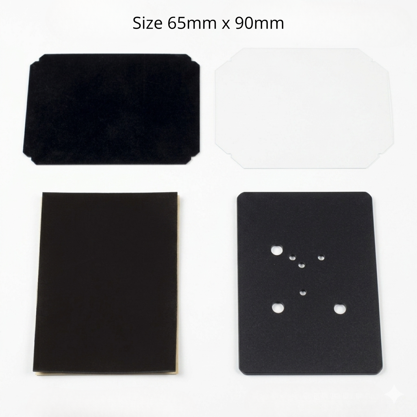 Component breakdown for 65x90mm rectangular button fridge magnets showing black rubber back and metal shells.