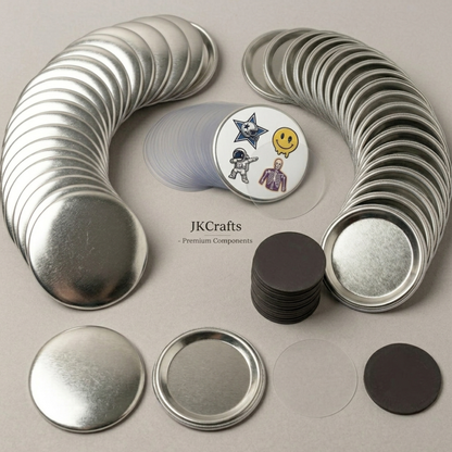 Complete DIY rubber magnet back button badge kit parts with metal shells and round black magnets.