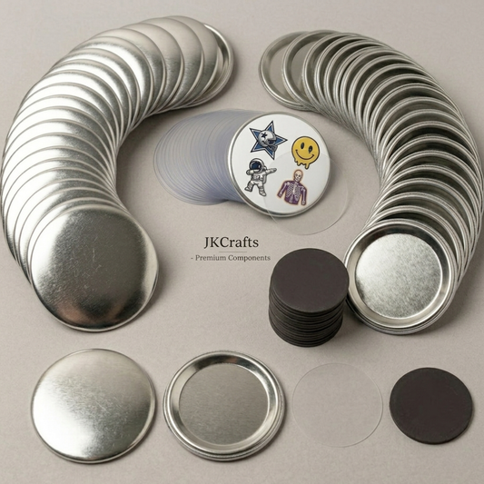 Complete DIY rubber magnet back button badge kit parts with metal shells and round black magnets.