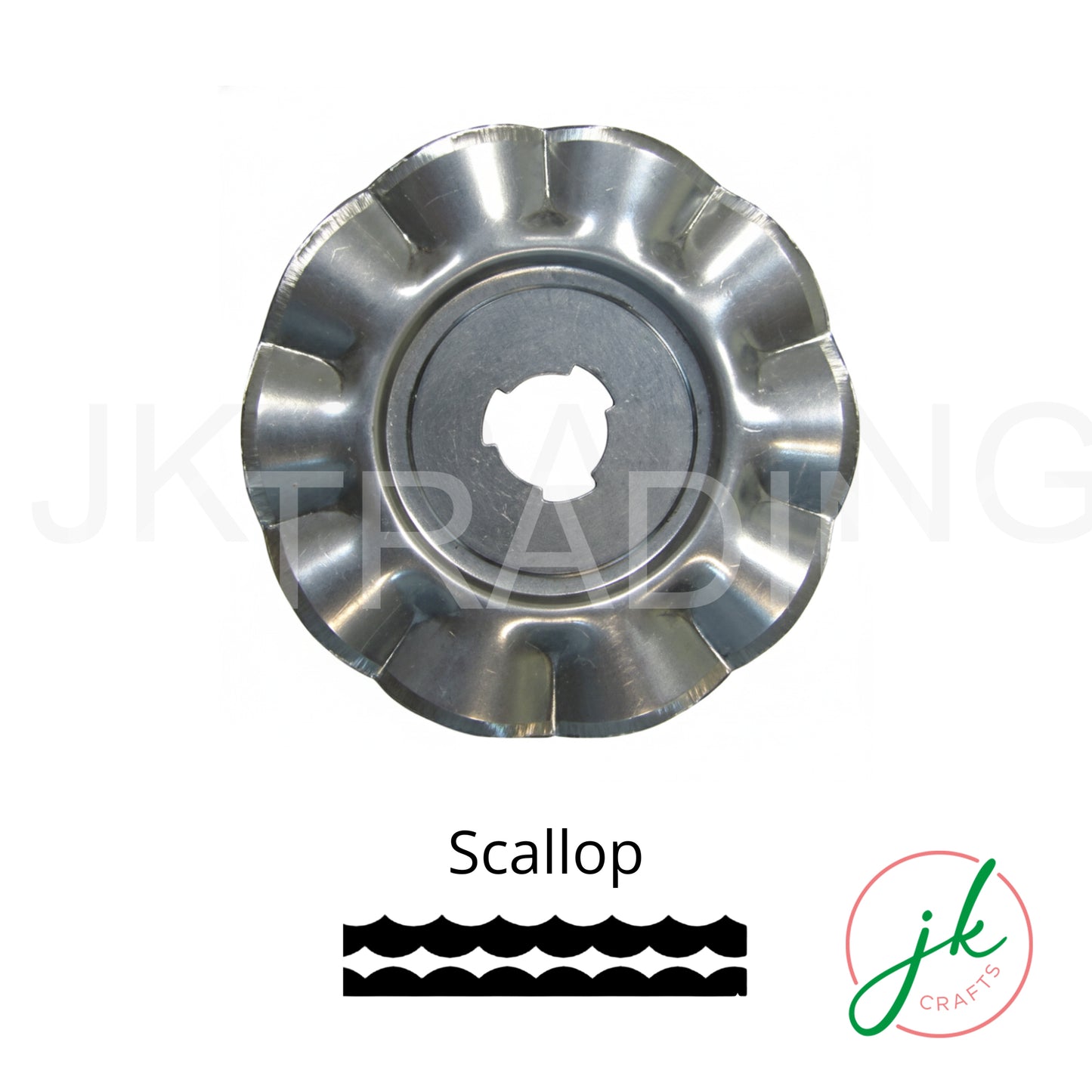 Scallop edge rotary cutter blade showcasing its smooth, repeating inverted half-circle crescent border profile.