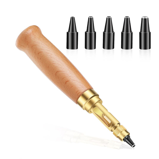 Japanese screw punch with a light wood handle shown with five interchangeable hollow core drill bits.