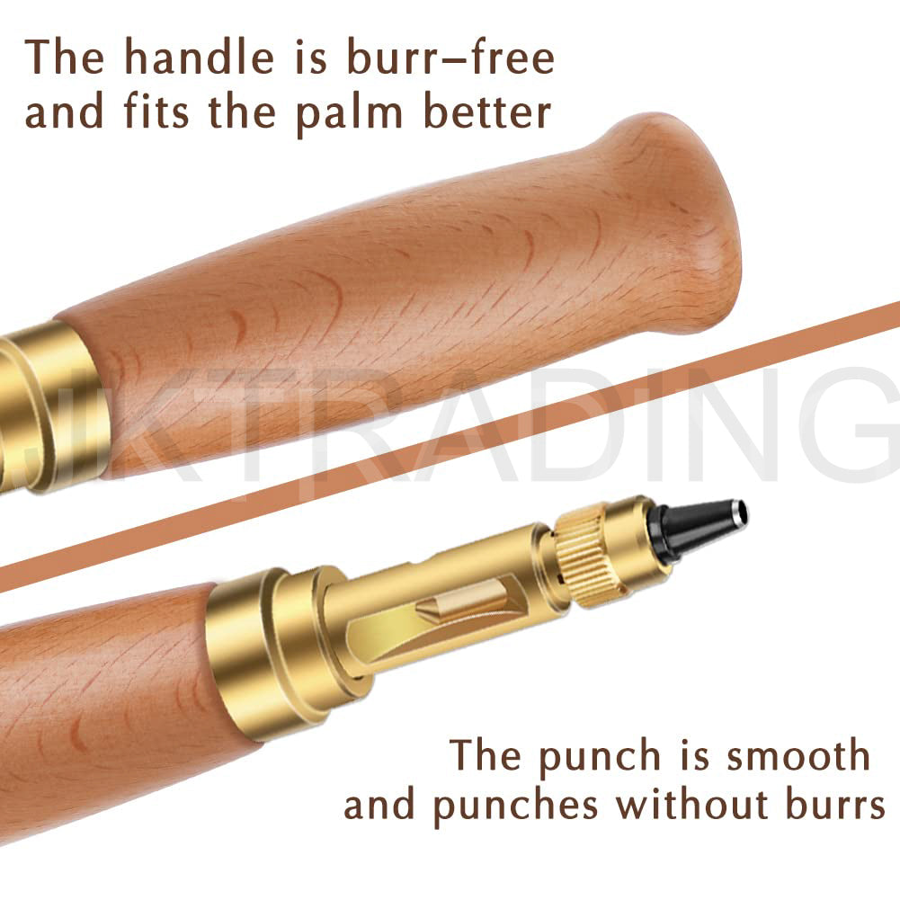 Close-up of the smooth burr-free wooden handle and brass mechanism of the automatic leather hole punch.