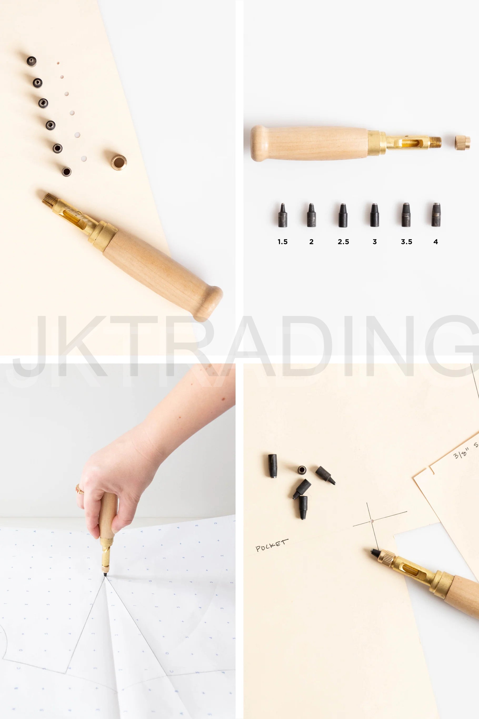 Four-frame product application grid showing the wooden craft punch being handled and stamping paper.