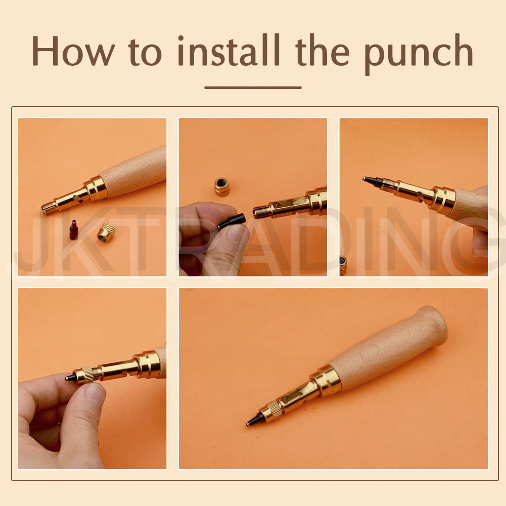 Step-by-step guide on how to install a punch tool with close-up shots on an orange background.