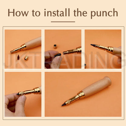 Step-by-step guide on how to install a punch tool with close-up shots on an orange background.