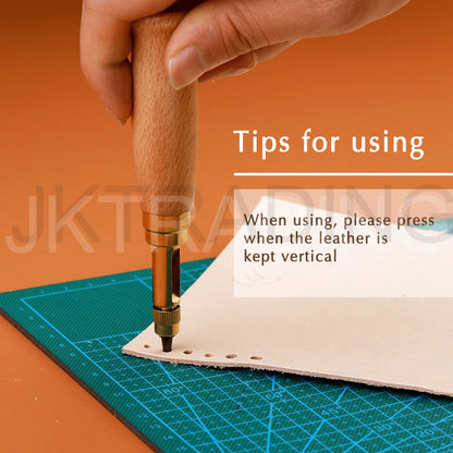 Hand using a leather tool on a cutting mat with text on how to use it.