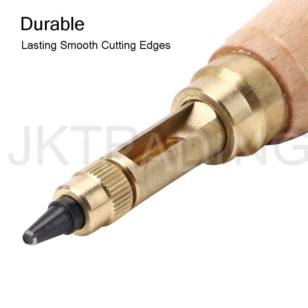 Close-up perspective of the durable brass body and sharp steel cutting tip of the Japanese screw drill.