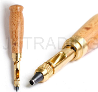 Front and side view comparison of the premium light wood handle automatic leathercraft punch tool.