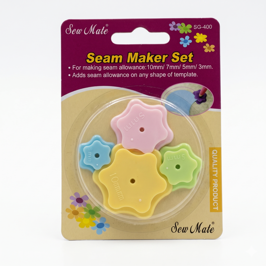 Sew Mate Seam Maker Set in retail blister packaging featuring four colorful star-shaped seam allowance tracing wheels.