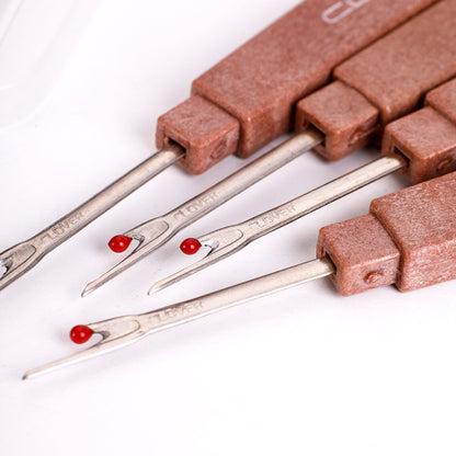 Close-up compilation layout showcasing the sharp curved cutting edges and red safety ball tips of three seam rippers.