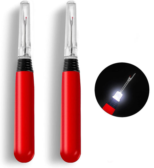 Red handheld seam ripper with a clear safety cap shown alongside a close-up circle of its built-in glowing LED light.