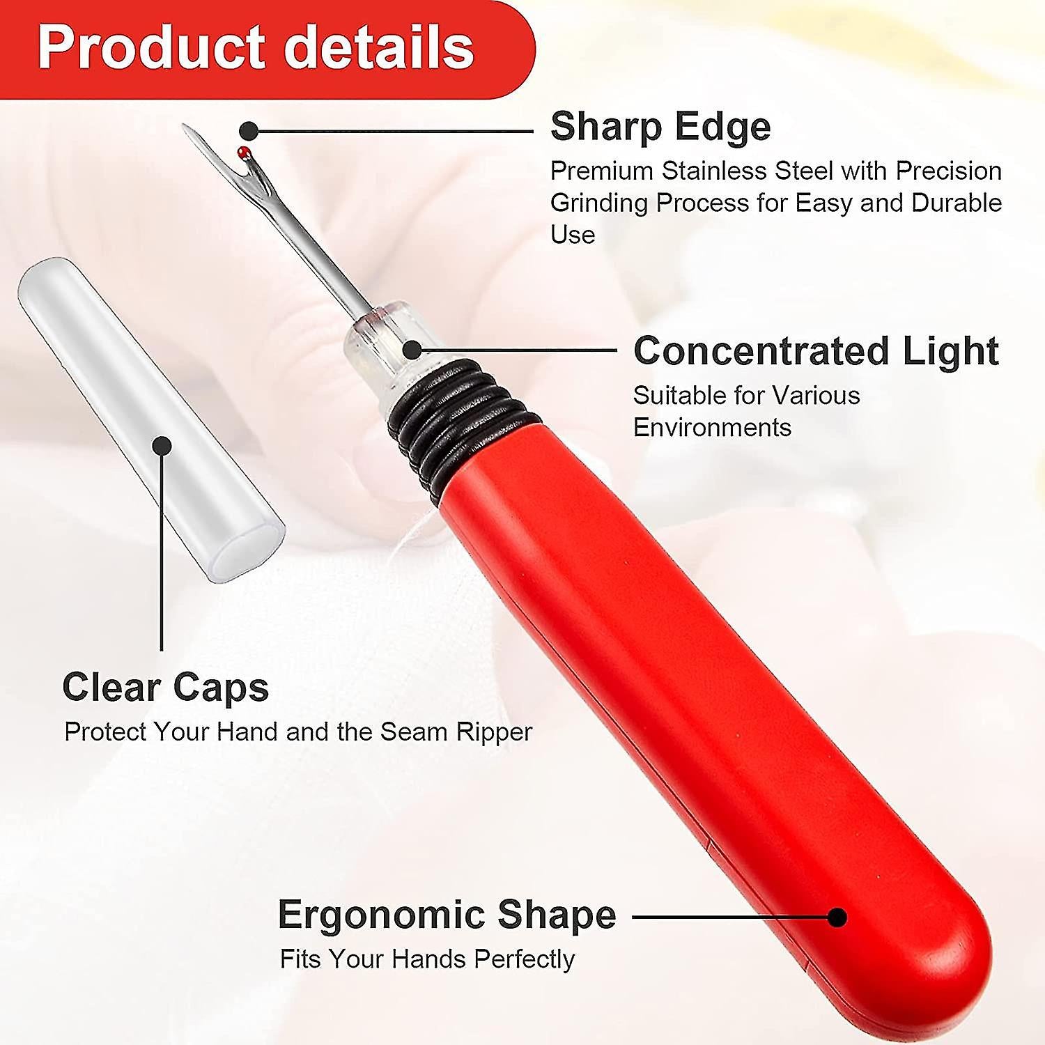 Product details infographic pointing out the sharp stainless steel blade edge, concentrated light, and ergonomic handle.