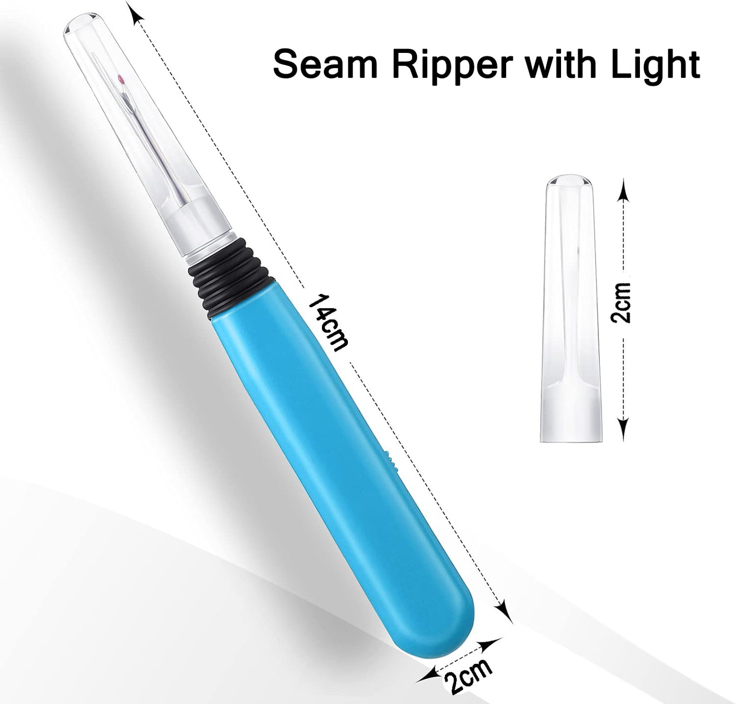 Dimension diagram displaying the 14cm total tool length and 3cm clear protective cap of the blue lighted seam ripper.
