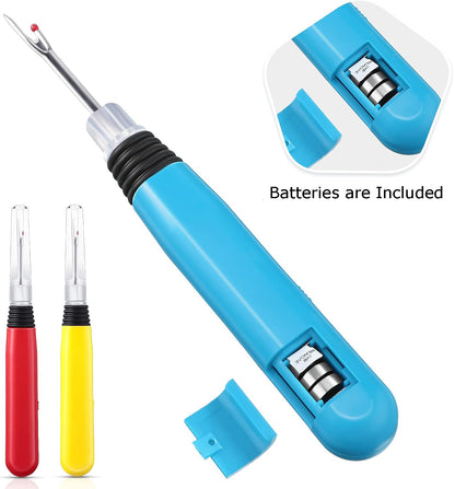 Blue illuminated stitch unpicker tool showcasing its easily accessible internal battery compartment structure.