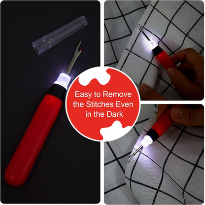 Split-panel graphic showing the lit embroidery thread remover pulling out tiny dark stitches smoothly in low light.