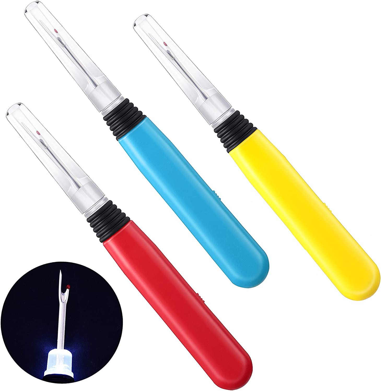 Red, blue, and yellow ergonomic plastic handle seam rippers with built-in LED bulbs lined up flat.