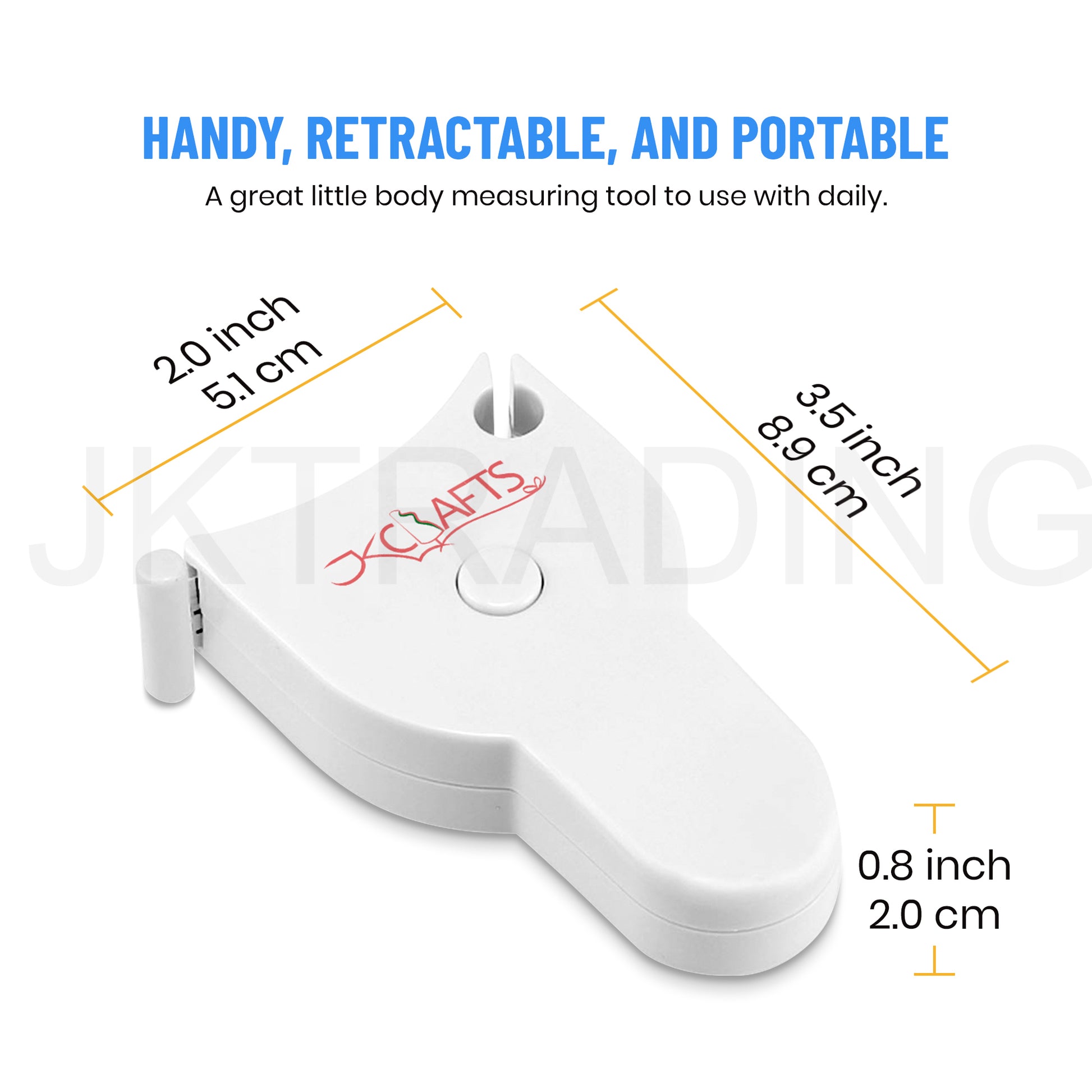 Dimension diagram showing the 90mm length, 55mm width, and 20mm thickness of the handheld body measuring tool casing.