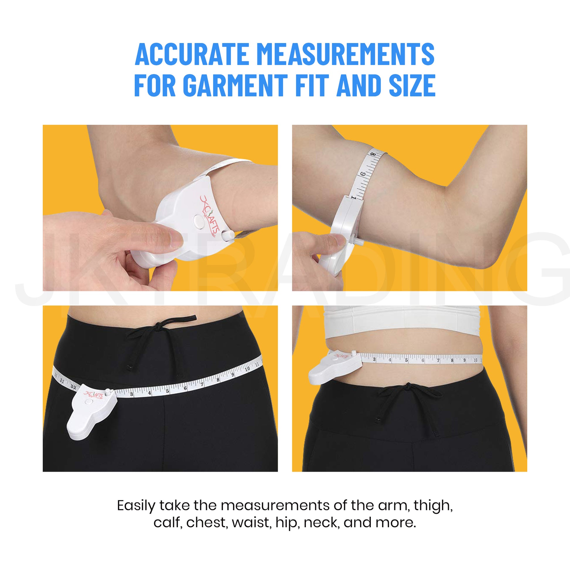 Four-panel infographic demonstrating how to measure biceps, waist, thighs, and hips accurately for clothing fit.