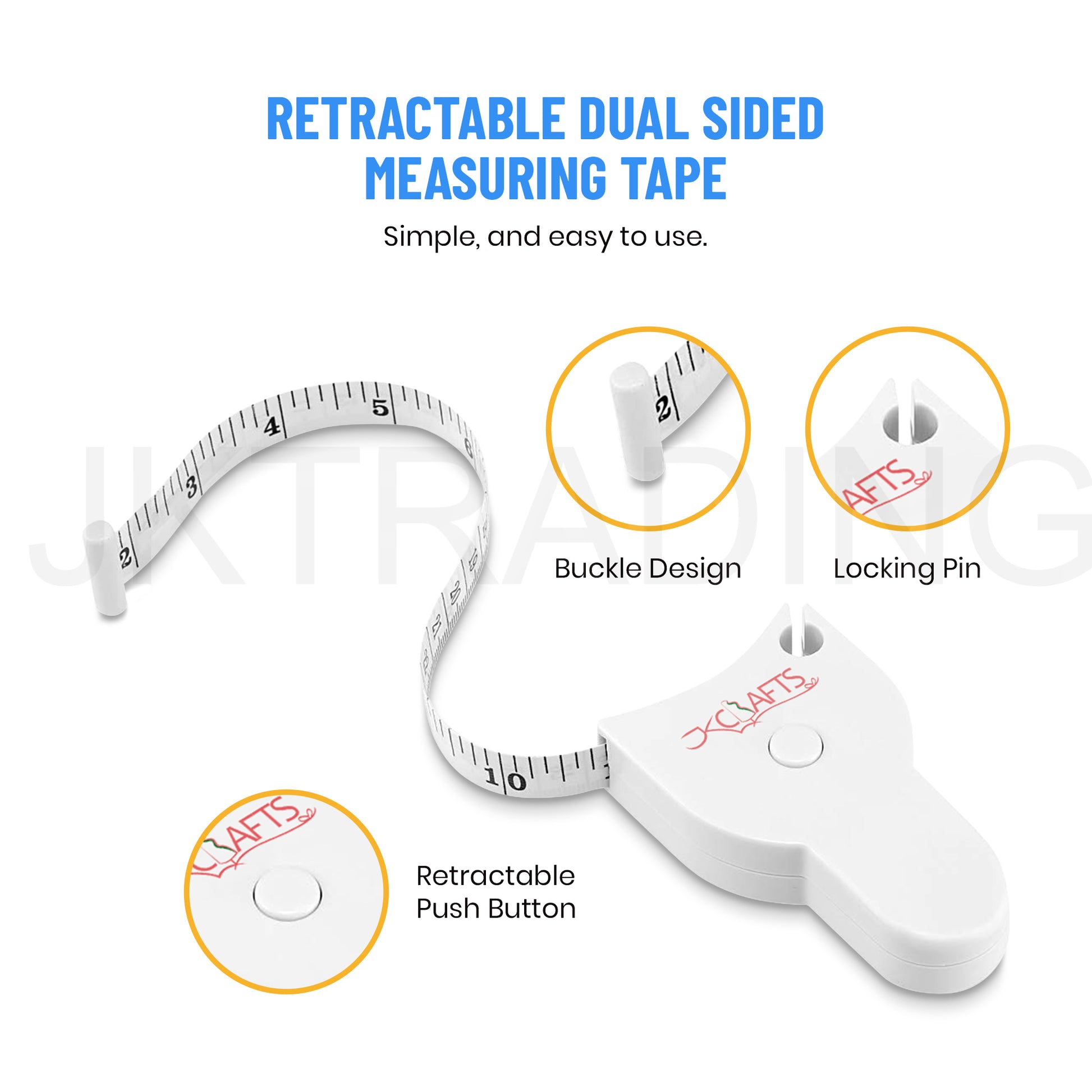 Retractable body tape measure detailing its curved pin-lock system and push-button retraction features.