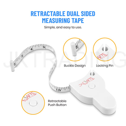 Retractable body tape measure detailing its curved pin-lock system and push-button retraction features.