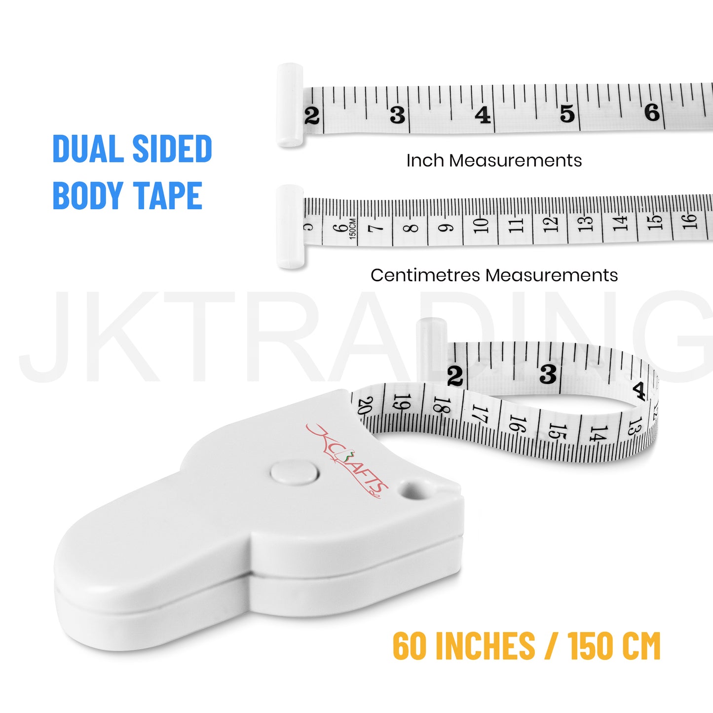 Dual-sided flexible fiberglass measurement tape extending out from its white ergonomic locking case.