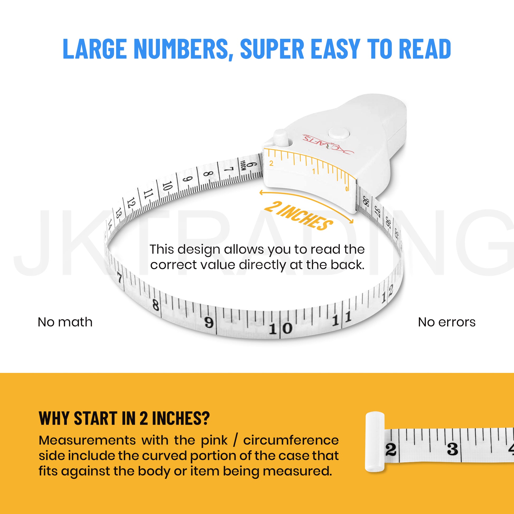 Feature graphic emphasizing the large, easy-to-read font numbers on the 60-inch ($150\text{cm}$) body measurement ruler.