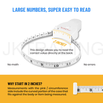 Feature graphic emphasizing the large, easy-to-read font numbers on the 60-inch ($150\text{cm}$) body measurement ruler.