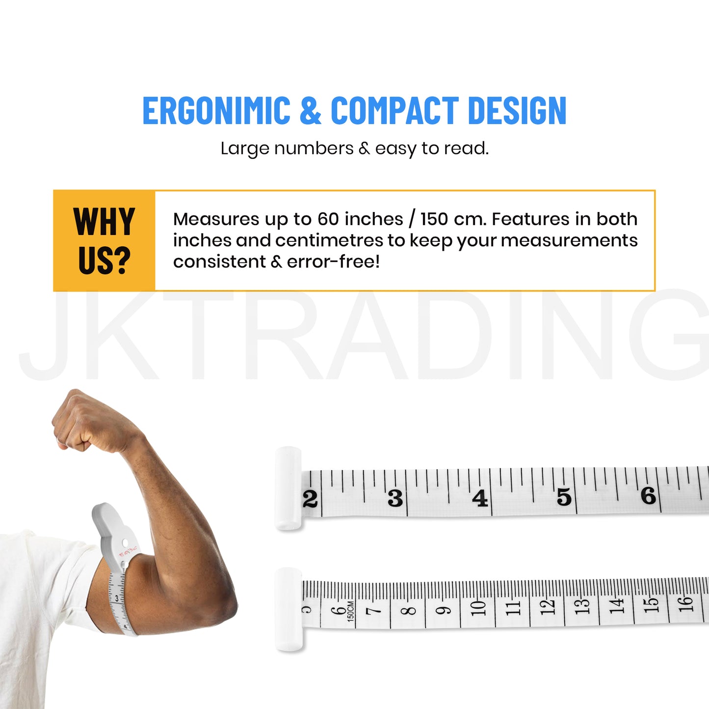 Fitness banner showing a person tracking bicep size alongside technical diagrams of the compact body tape tool.