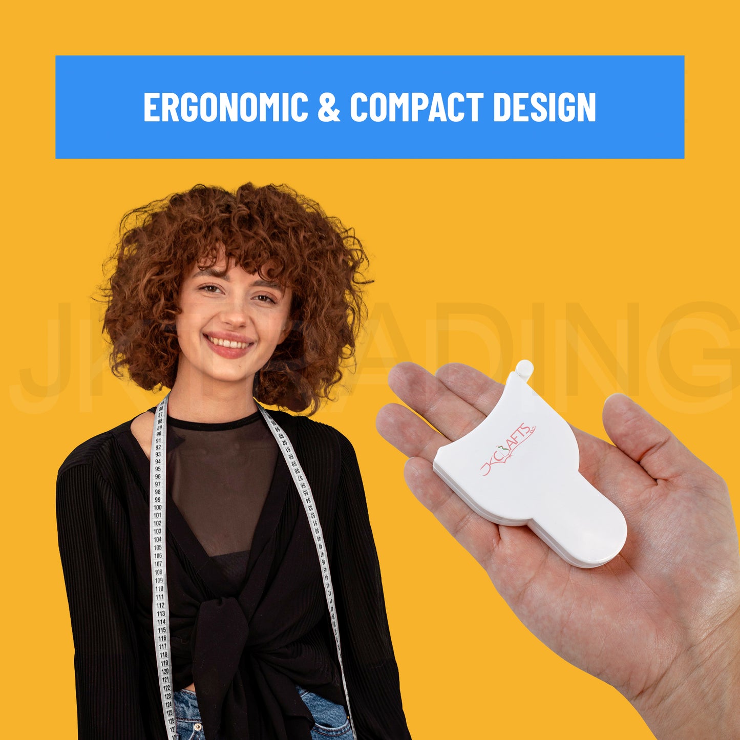 Model holding the lightweight, ergonomic white telescopic body measuring device against a bright yellow background.