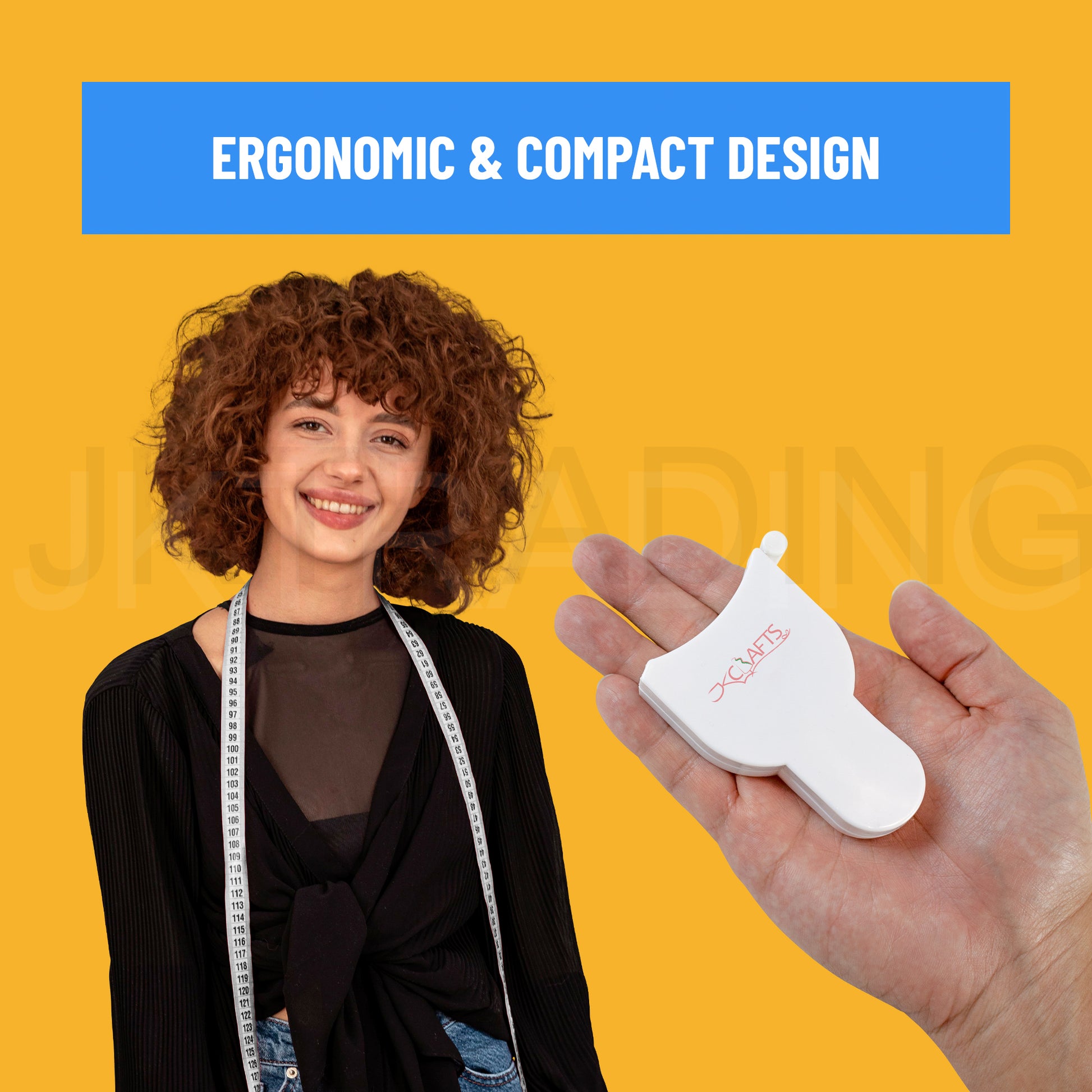Model holding the lightweight, ergonomic white telescopic body measuring device against a bright yellow background.