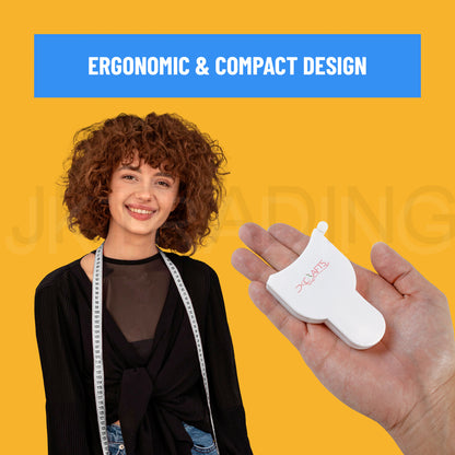 Model holding the lightweight, ergonomic white telescopic body measuring device against a bright yellow background.