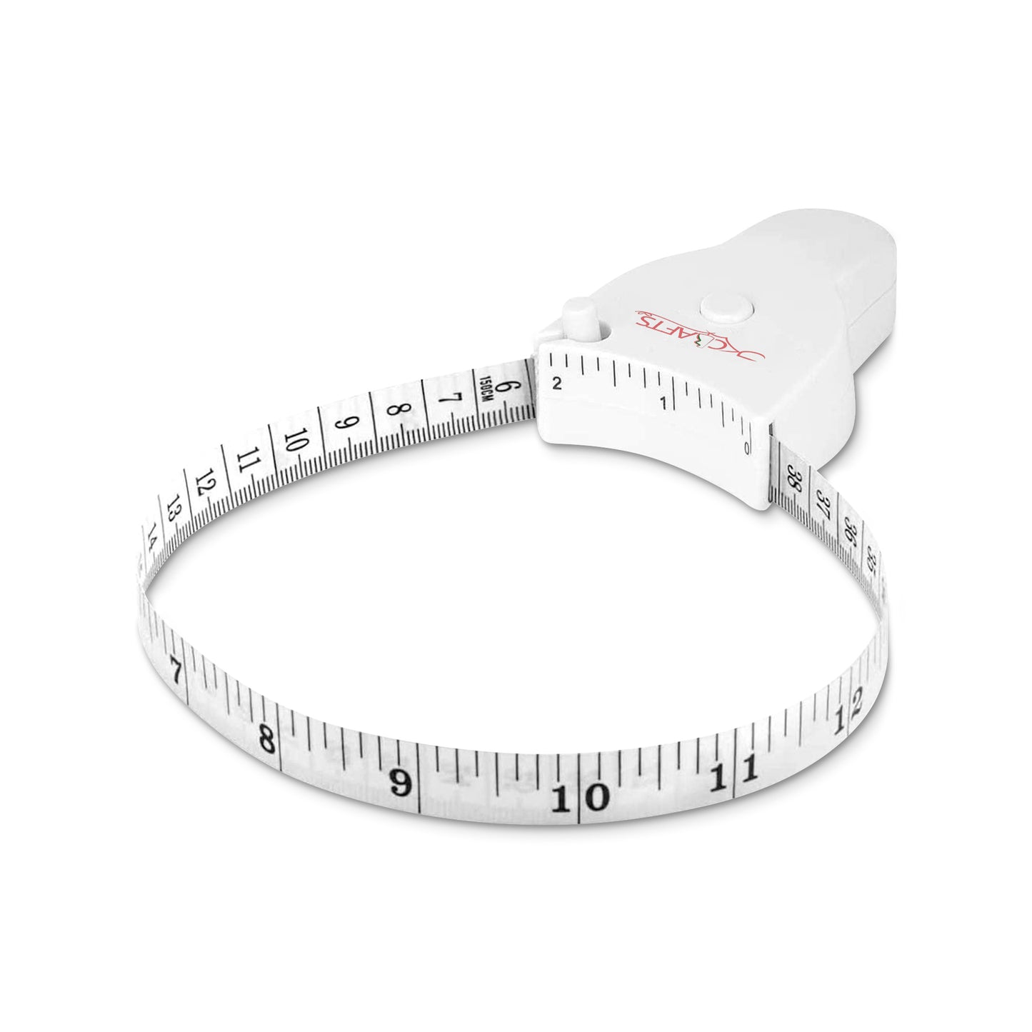 White telescopic body tape measure with a curved locking slot loop isolated on a white background.