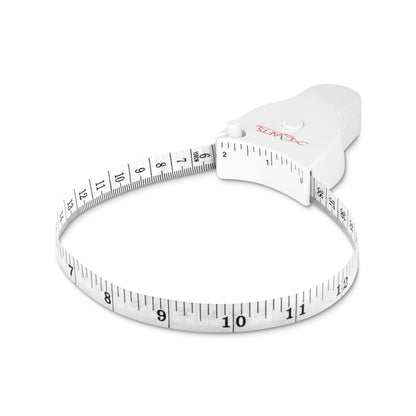 White telescopic body tape measure with a curved locking slot loop isolated on a white background.