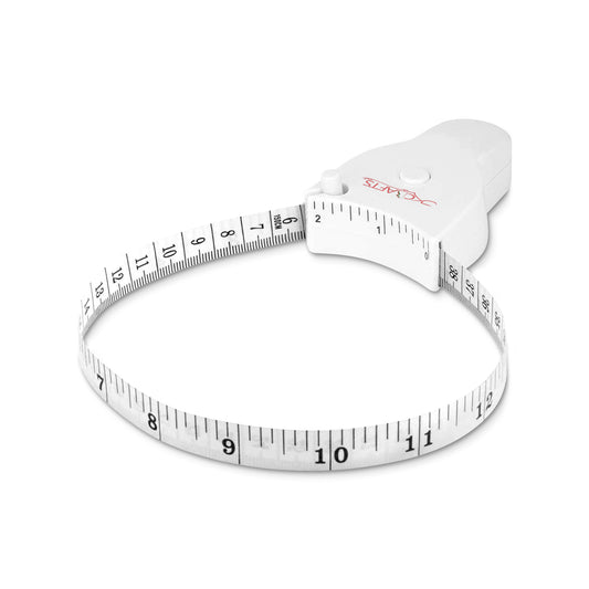 White telescopic body tape measure with a curved locking slot loop isolated on a white background.