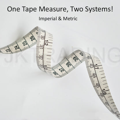 Close-up of an extra-long white flexible cloth tailors measuring ruler curving across a white background.