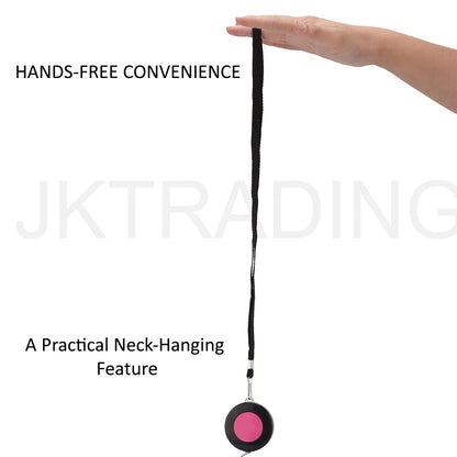 Hand holding the lightweight pocket tape case by its neck-hanging lanyard lanyard strap to show hands-free convenience.