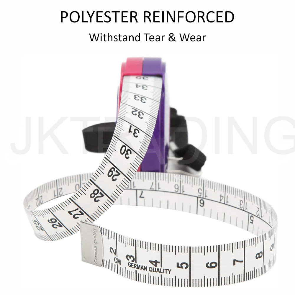 Polyester-reinforced white measuring tape extending out of its round pink casing, highlighting tear-resistant durability.