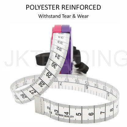 Polyester-reinforced white measuring tape extending out of its round pink casing, highlighting tear-resistant durability.