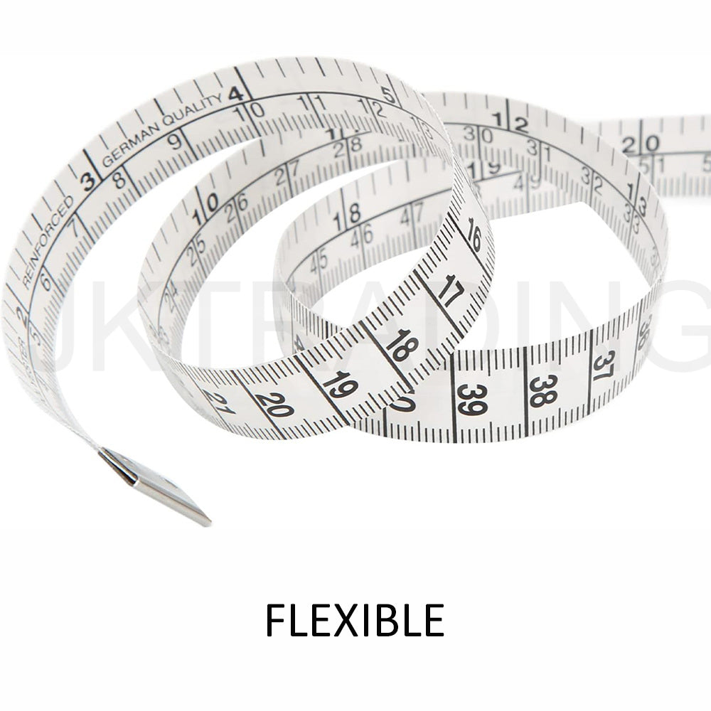Swirling layout of a highly flexible and soft fiberglass body measurement tape isolated on a white backdrop.