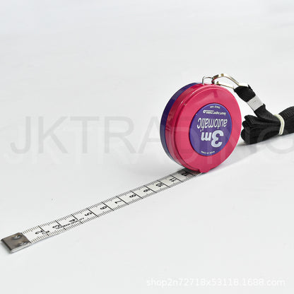 Pink tape measure with a white background