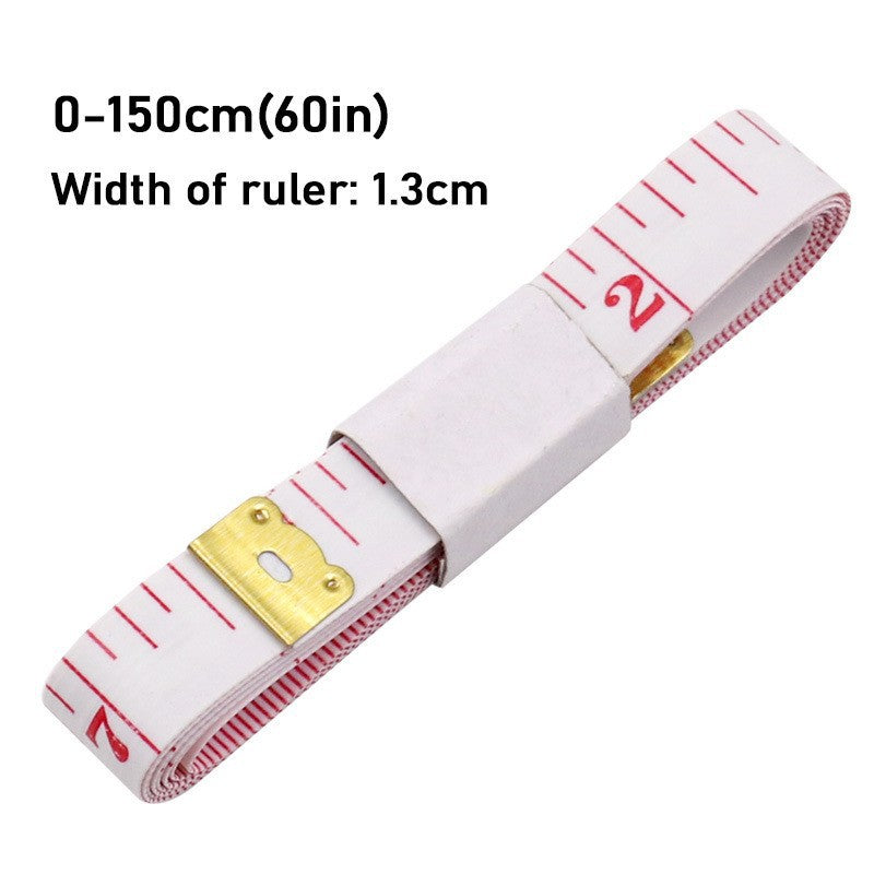 Roll of measuring tape with white casing and red measurement markings on a white background.